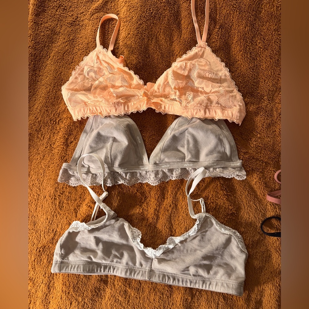 Lace and Cotton Bralette Set - Peach and Gray